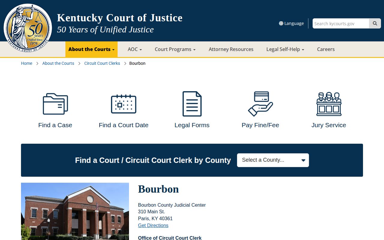 Kentucky Court of Justice Bourbon County information page